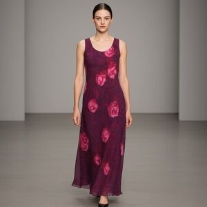 Mary McFadden Collection Pink Rose Print Maxi Dress‎ 8 Purple Sheer Overlay Y2K